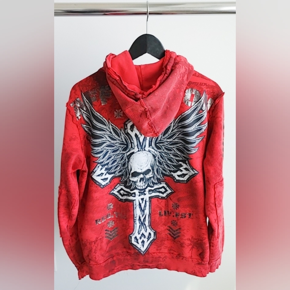 Affliction Distressed Zip Up Hoodie Small S Y2k Grunge Skater Graphic Goth Cyber